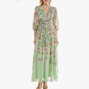 Maison Tara Maxi Dress 20w Green Purple Floral V-Neck Pleated 3/4 Sleeve Stretch